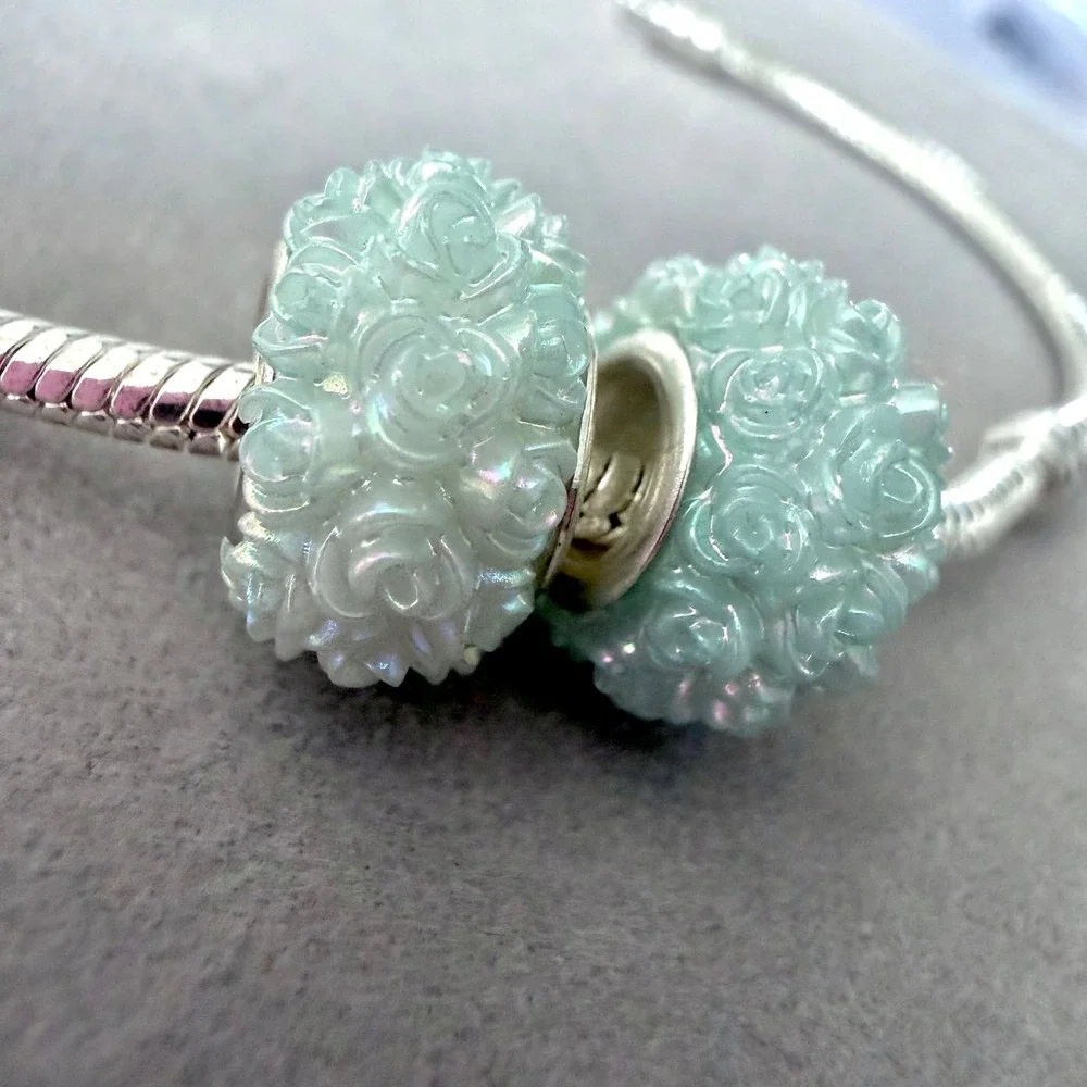 2 PCs Mint Green Iridescent Rose Flower Beads Floral Charm fits PANDORA